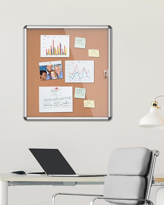 28"x26" Enclosed Bulletin Board, Lockable Weather-Resistant Aluminum Cork Noticeboard for School & Office, Silver Frame w/Cork-DeskLoop Office