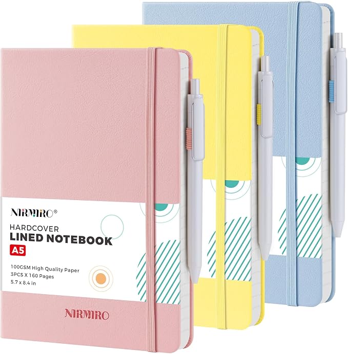 Lined Journal Notebook for Women Men, 3 Pack 160 Pages Hardcover Journaling by NIRMIRO