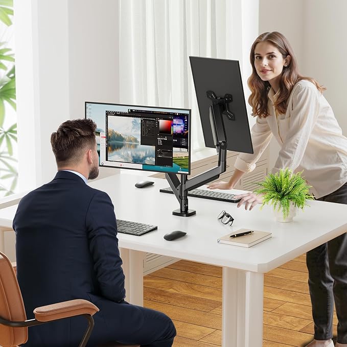 Simple Trending Dual Monitor Stand, Full Adjustable Monitor Mount, Gas Spring Monitors Arm for 13-32 inch Computer, VESA Mount with C-clamp & Grommet Mounting Holds Max 20 lbs Each, Freelift Black-DeskLoop Office