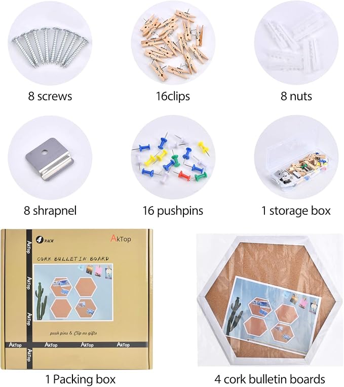 AkTop Cork Bulletin Board Hexagon 4 Pack, Small Framed Corkboard Tiles - Image 7