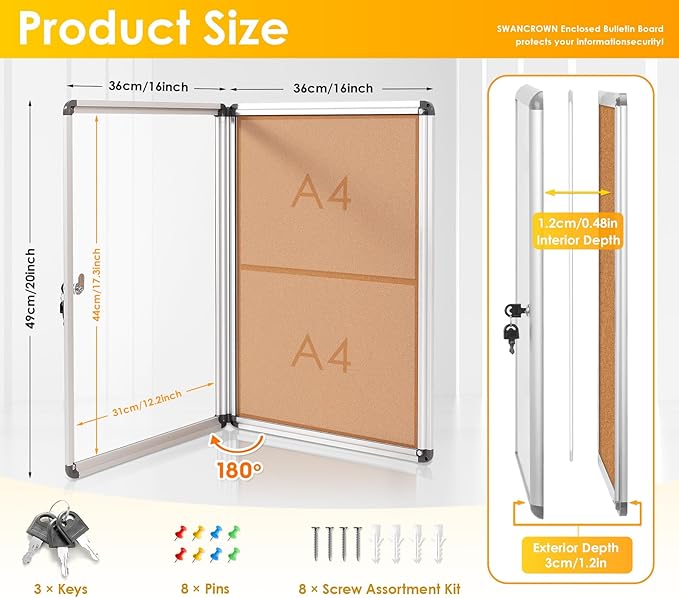 SWANCROWN Enclosed Bulletin Board,Lockable Cork Noticeboard for School Office,Wall Display Case with Lock 20"x14"(2xA4)-DeskLoop Office