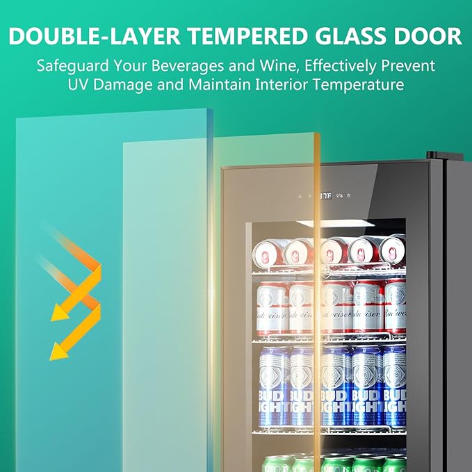 101 Cans Compressor Beverage Refrigerator, 17 Inch Drink Fridge with Glass Door, Adjustable Removable Shelves, Quiet Operation, Temp Memory, Beer Cooler for Soda, Beer, Water, Home Bar, Office-DeskLoop Office