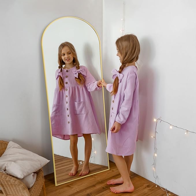 Floor Mirror Full Length, 56"X18" Gold Arch Full Length Body Mirror Wall Mounted with Thin Aluminum Frame, Tempered Glass Long Standing Mirror for Bedroom Living Room Dorm-DeskLoop Office