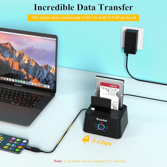 WAVLINK USB 3.0 and USB C to SATA Dual-Bay External Hard Drive Docking Station for 2.5/3.5 Inch HDD/SSD with UASP (6Gbps), Support Offline Clone/Duplicator Function [16TB X2 ]-Black-DeskLoop Office