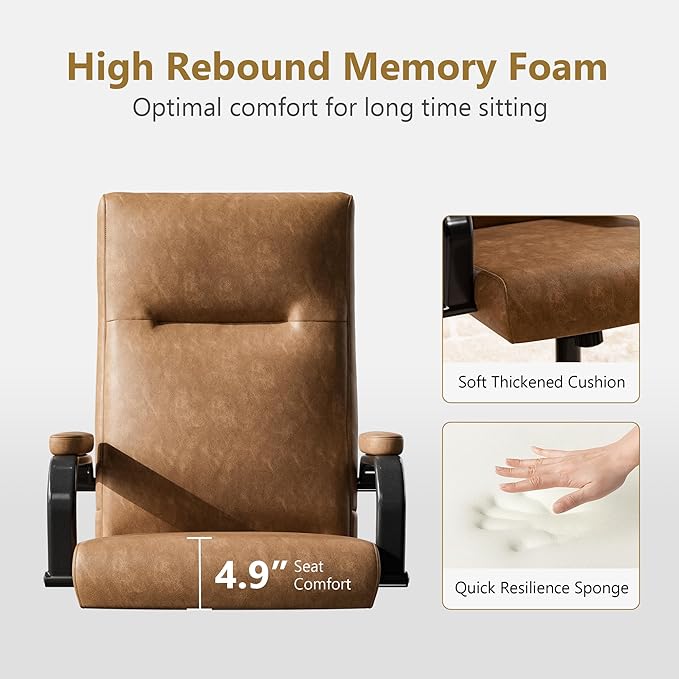 Brown Leather Office Chair with Wheels, Memory Foam Height Adjustable Computer Deak Chair, Rolling Swivel Executive Chair for Home Office-DeskLoop Office