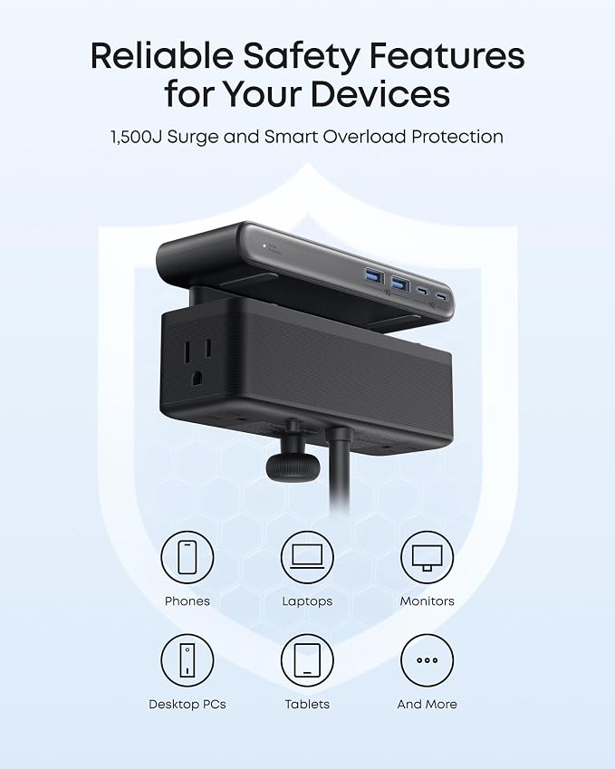 Anker Nano Power Strip, Desk Clamp, 70W Max, 1500J Surge Protector, 2 USB C | - Image 6