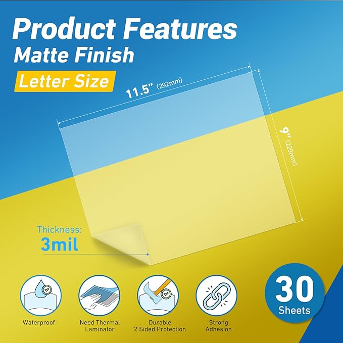 Uinkit Matte Thermal Laminating Sheets, 9 x 11.5 Inches 3 Mil Clear Anti-Glare with Matte Finish 30 Pack Fitted for Letter Size Laminating Pouches 8.5 x 11 inches-DeskLoop Office