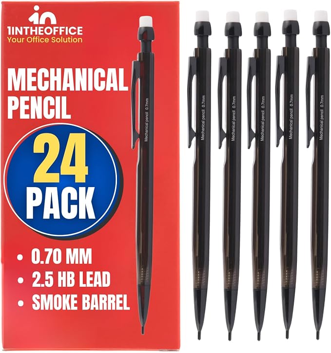 1InTheOffice Mechanical Pencils 0.7mm, HB Lead, Smoke Barrel 24 Pack by 1InTheOffice