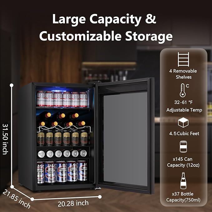 37 Bottle Wine Fridge,Freestanding 145 Can Beverage Refrigerator with Smart Temperature Control，4.5 CU FT Quiet Mini Fridge with Child Lock Panel for Family Restaurant Bar, Black-DeskLoop Office