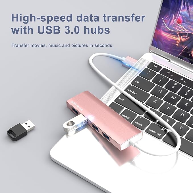 USB Hub, USB 3.0 Hub Aluminum Alloy Ultra Slim USB Splitter, Portable 4 Port USB Extender, USB Hub for Laptop, PC, MacBook, iMac, Surface Pro, Mac Pro, Flash Drive, XPS 【Pink】-DeskLoop Office