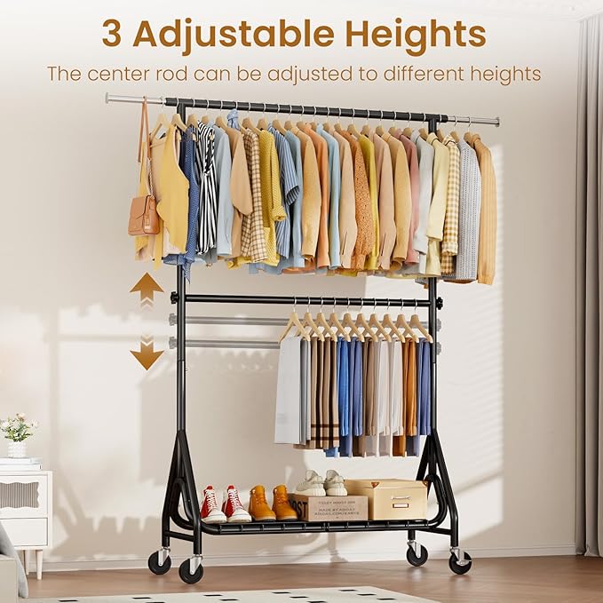 Heavy Duty Clothes Rack for Hanging Clothes, Double Rods Clothing Rack with Lockable Wheels, Rolling Garment Racks with Shelf, Easy to Assemble, Black-DeskLoop Office