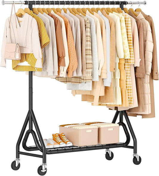 Heavy Duty Clothes Rack, Metal Clothing Rack Load 450 LBS, Rolling Coat Racks for Hanging Clothes with Lockable Wheels, Wardrobe Closet Garment Racks for Bedroom, Black-DeskLoop Office