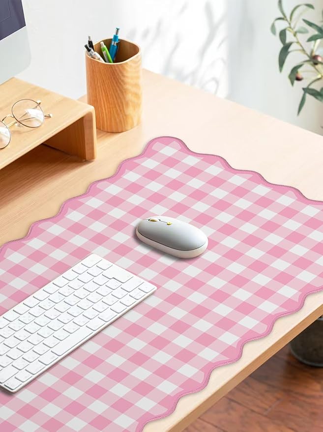Scalloped‌ Pink Checkered Gingham Desk Mat Cute Pastel Large Mouse Pad Kawaii - Image 3