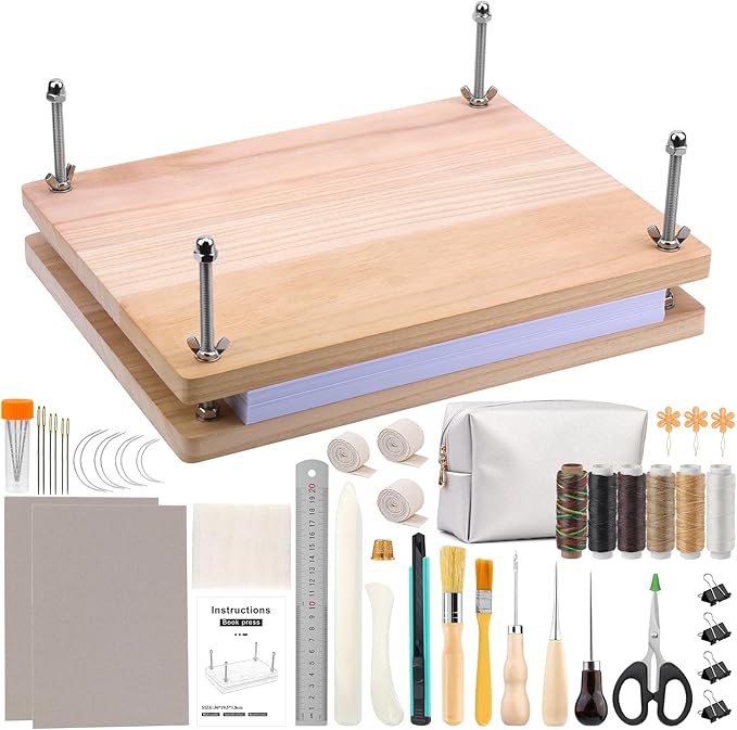 JUPEAN 45 Pcs Book Binding Kits, Bookbinding Kit Large Book Press 14.76”x11.42” with Books Binding Materials Bone Folder Tool Bind Cloth Webbing Strap and Storage Bag for Repair-DeskLoop Office