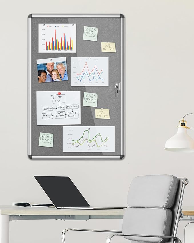 36"x24" Enclosed Bulletin Board, Lockable Weather-Resistant Aluminum Cork Noticeboard for School & Office, Silver Frame w/Grey Flet-DeskLoop Office