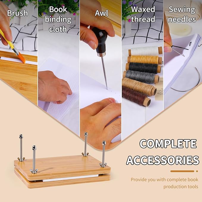 JUPEAN Book Binding Kits, Book Press, 7.9”x11.6”, Books Making Kit Bookbinding Supplies with Wooden Binding Press Books Cover Board Bone Folder Awl Bind Strap for DIY-DeskLoop Office