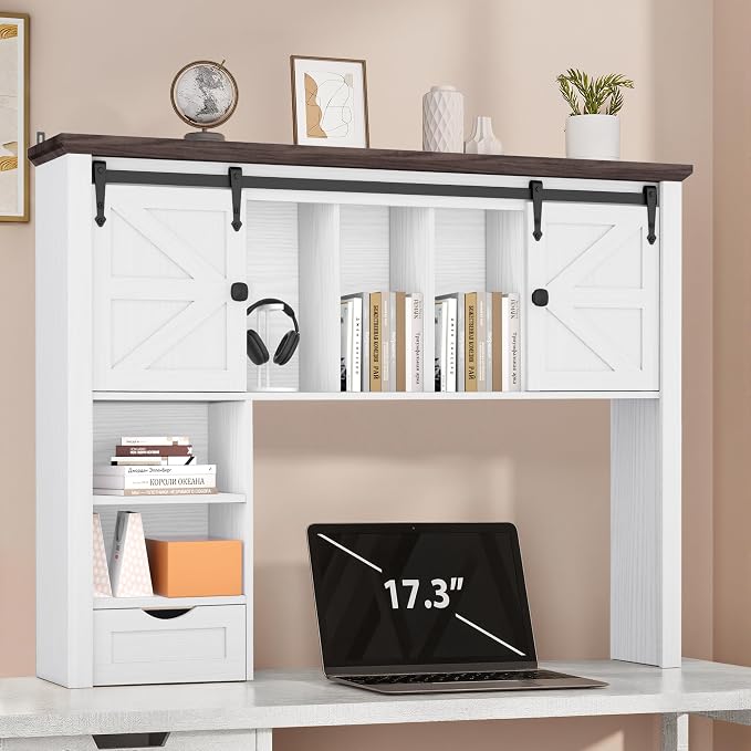 Large Desktop Bookshelf with Sliding Barn Door, 47.2''W Desk Shelf Display Rack by Homiflex