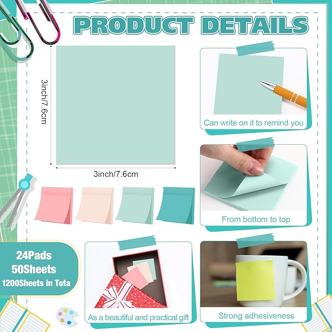 Fainne 24 Pack Sticky Notes Bulk Back to School Supplies Self Stick Note Pads Paper Memo for Office First Day of School Student Teacher Essentials (3x3inch,Fresh Color)-DeskLoop Office