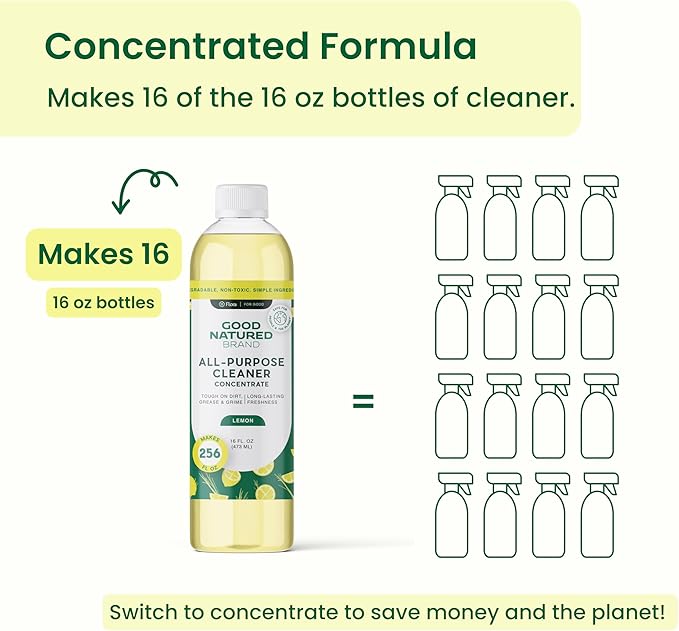 Good Natured Brand All-Purpose Cleaner Concentrate | Multi-Surface Cleaner | Natural Lemon Essential Oil | Multipurpose Cleaner Concentrate All Surfaces | Lemon Love | 16oz makes 256oz-DeskLoop Office