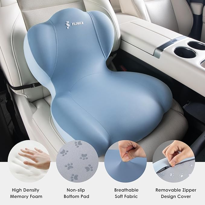 FLORICH Memory Foam Truck Seat Cushion with Adjustable Strap,Seat Cushion and Lumbar Support Pillow for Car Office Chair, Ergonomic Back Support & Sciatica Relief for Long Drives(Blue)-DeskLoop Office