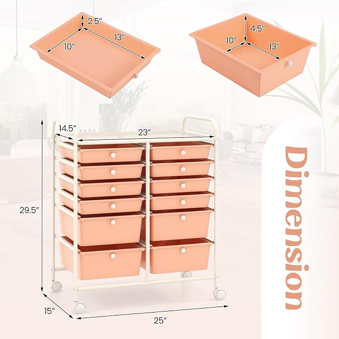 Happygrill 12-Drawer Rolling Storage Cart, 2 Sizes Plastic Drawers & Metal Shelf - Image 2