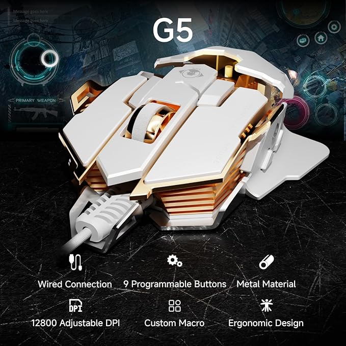 EWEADN G5 Wired Gaming Mouse, Ergonomic RGB Computer Mouse, 12800 Adjustable DPI, 9 Programmable Macro Buttons with Rapid Fire Key Compatible for PC/Laptop/Windows-White-DeskLoop Office