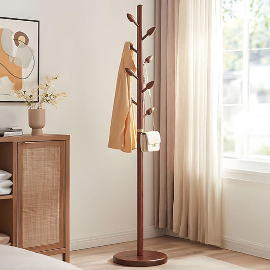 Wooden Coat Rack Freestanding - Heavy Duty Coat Tree Stand with 8 Bud-Shaped Hooks, Sturdy Round Base Coat Hanger for Entryway, Bedroom, Jackets & Clothes, 200lbs Capacity (Walnut)-DeskLoop Office