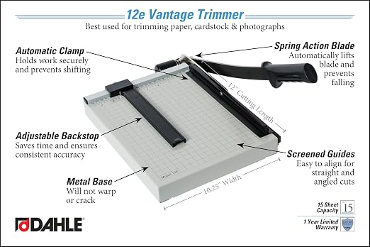 Dahle 12e Vantage Paper Trimmer, 15 Sheet, Automatic Clamp, Adjustable Guide - Image 7