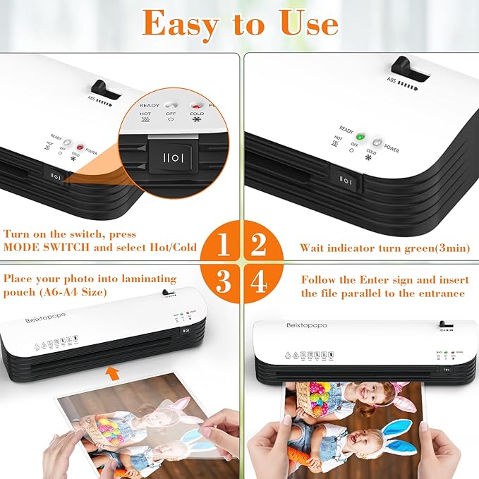 Laminator Machine, 9 Inch Thermal Laminater, Beixtopopo A4/A5/A6 Personal Laminator Machine with Laminating Sheets, 6 in 1 Heating Laminate Machine for Home School Office, Silent-DeskLoop Office