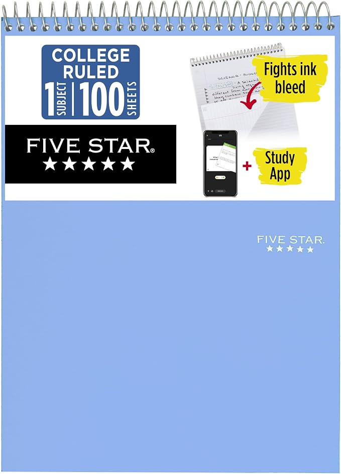 Five Star Top Spiral Notebook + Study App, 1 Subject, College Ruled Notepad by FiveStar