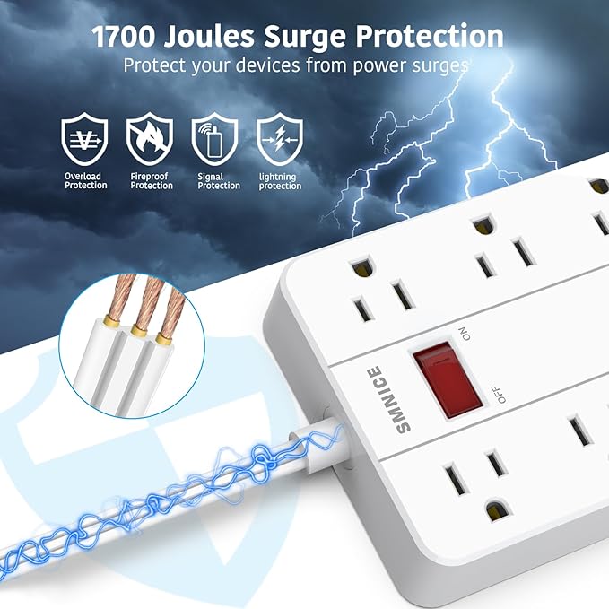 Flat Plug Extension Cord 15 Ft, SMNICE Surge Protector Power Strip with 8 Widely Spaced Outlets and 6 USB(1USB C) Ports, Wall Mount Long Charging Station for Dorm Home, Office Accessories, White-DeskLoop Office