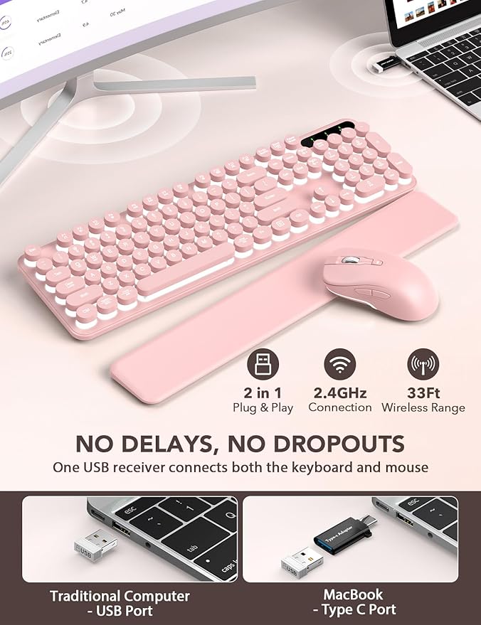 Wireless Keyboard and Mouse Backlit - Typewriter Keyboard with Retro Round Keycaps, Detachable Wrist Rest, Light Up Letters, 2.4G Rechargeable Combo for Mac, Windows, PC, Laptop, Trueque (Pink)-DeskLoop Office