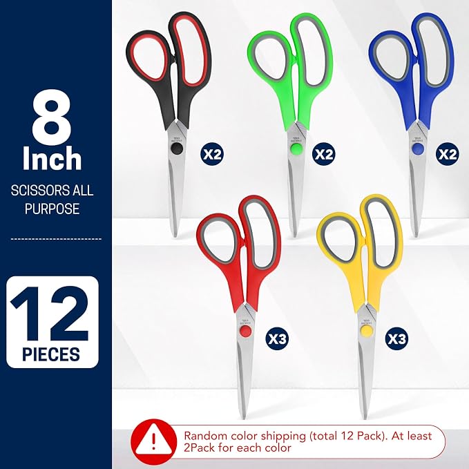 BURVAGY 8" 12 Pack All Purpose Heavy Duty Scissors- Comfort-Grip Sharp Scissors - Image 3