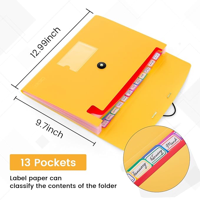 13 Pocket Expanding File Folder Accordian File Organizer, A4 Letter Size Paper - Image 2
