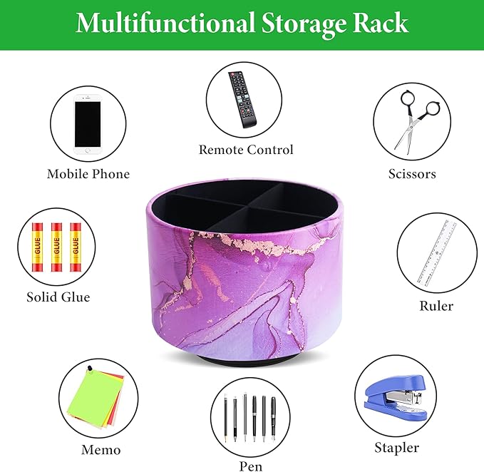 Round Leather Art Supply Organizer,Remote Control Holder,360-degree Rotating Pen Organizer with 4 Compartments(1-Purple Blue Splash Ink)-DeskLoop Office