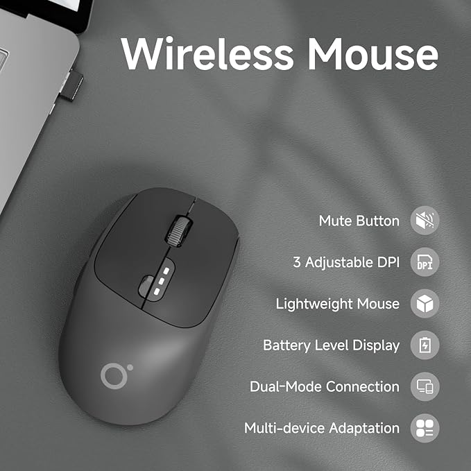 EWEADN Q5 Wireless Mouse, Bluetooth & 2.4G Quiet Computer Mouses with 1600 DPI, Battery Level Display, Ergonomic Office Mouse,6 Button Portable Cute Cordless Mice for Laptop/PC/Mac- Black-DeskLoop Office
