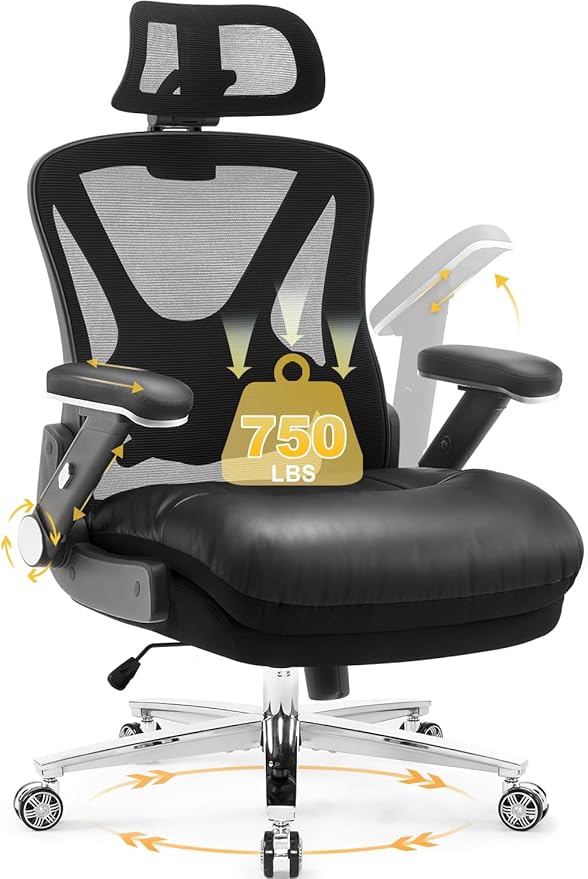 750lbs Big and Tall Office Chair- Heavy Duty Executive Chair with 5D Flip Arms and Adjustable Lumbar Support, Ergonomic Mesh High Back Desk Chair, Ergonomic Executive Home Office Computer Chair-DeskLoop Office