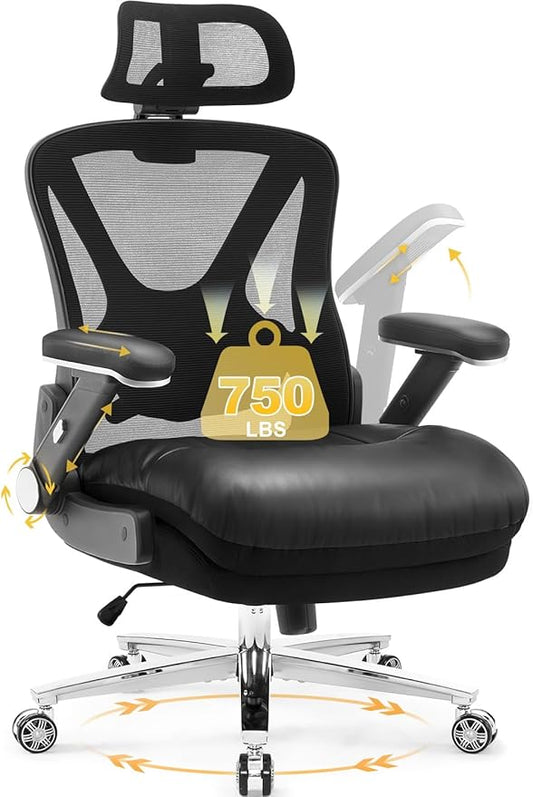 750lbs Big and Tall Office Chair- Heavy Duty Executive Chair with 5D Flip Arms and Adjustable Lumbar Support, Ergonomic Mesh High Back Desk Chair, Ergonomic Executive Home Office Computer Chair-DeskLoop Office