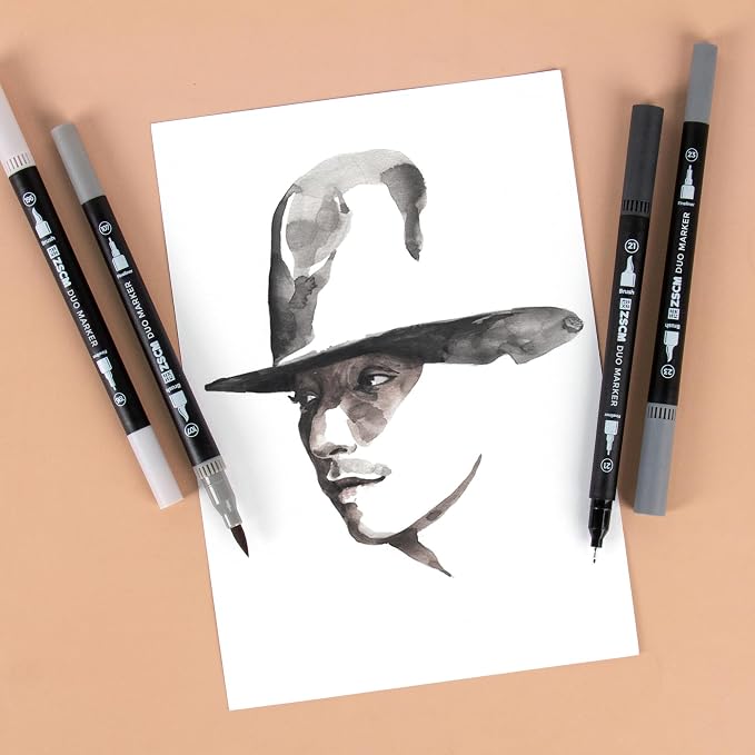 ZSCM Gray Duo Tip Marker Pens, 12 Pack Fine & Brush Markers - Image 4