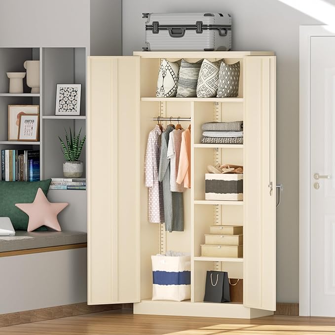 Greenvelly Metal Storage Wardrobe Cabinet with Lock, 72" Grey Metal Wardrobe Closet for Hanging Clothes with Doors and Shelves, Modern Clothes Closet for Home, Office and Bedroom, School,Gym-DeskLoop Office
