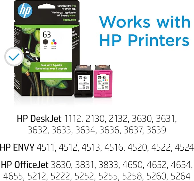 HP 63 Black/Tri-color Ink (2-pack) | Works with HP DeskJet 1112, 2130, 3630 Series; ENVY 4510, 4520 Series; OfficeJet 3830, 4650, 5200 Series | Eligible for Instant Ink | L0R46AN-DeskLoop Office