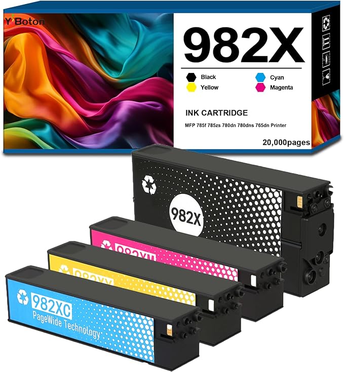High Yield 982X Ink Cartridge with Chip T0B26A T0B27A T0B28A T0B29A Compatible for HP MFP 785f 785zs 780dn 780dns 765dn Printer Ink(4-Pack Black Cyan Magenta Yellow)-DeskLoop Office