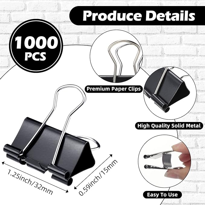 Yexiya 600 Pcs Medium Binder Clips Paper Clips Office Supplies Paper Clamps for Teachers Students School Office Business Paperwork Supplies (Black, 1.25 Inch)-DeskLoop Office