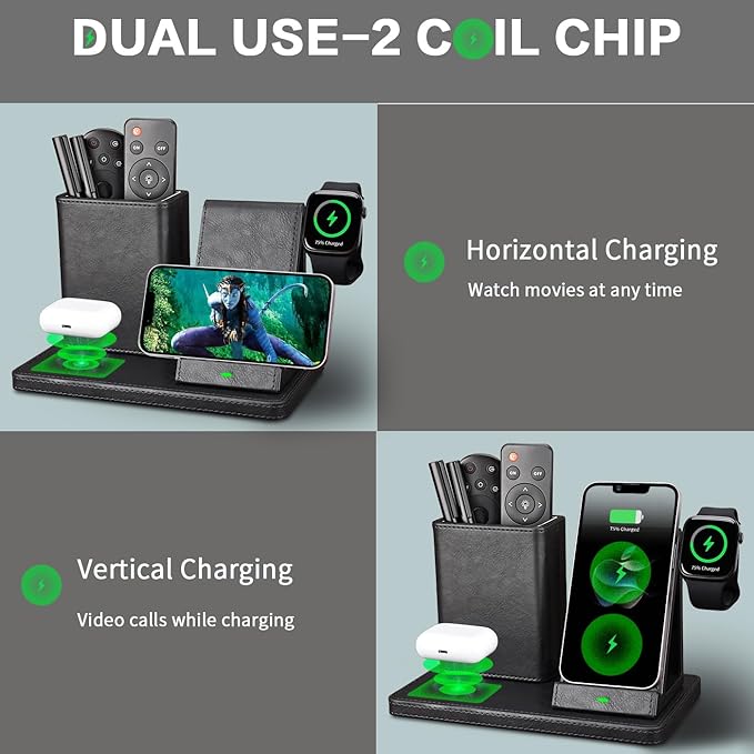 Office Supplies Desk Accessories,Pen Holder Remote Control Holder, Organizer with Phone Charger,Nightstand Desktop Organizer,Black Leather Desk Organizer With Charging Station (black)-DeskLoop Office