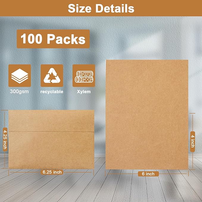 100 Packs Blank Brown Note Cards and Envelopes 4 x 6 Heavyweight Folded Cardstock and A4 Envelopes Printable Self Seal for DIY Greeting Cards, Wedding Invitations, Thank You Card, Birthday