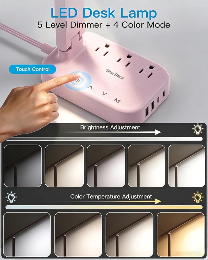 One Beat Small LED Desk Lamp Power Strip 5ft Extension Cord - Image 3