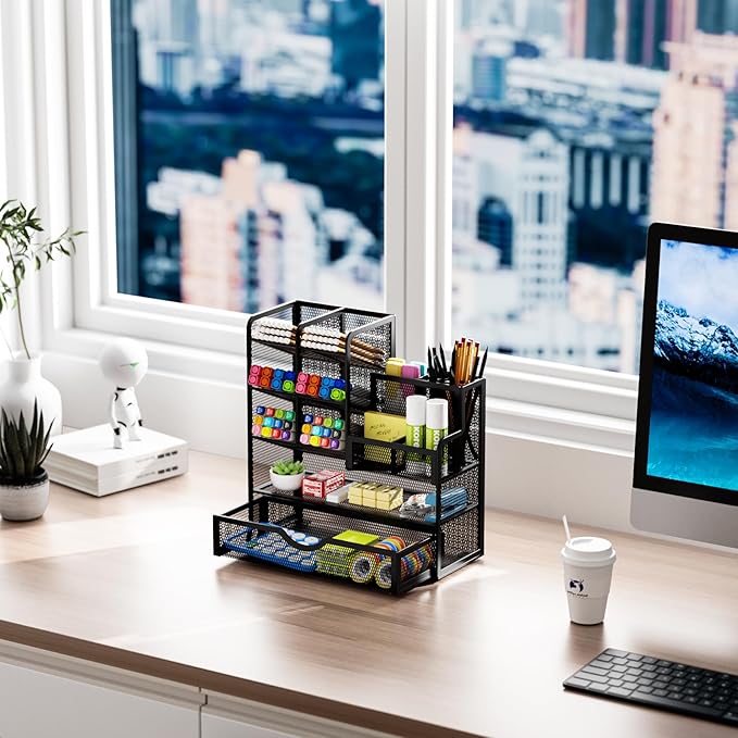 Marbrasse Mesh Pen Holder for Desk, Multi-Functional Pencil Organizer with Drawer, Desk Organizers and Accessories for Office Art Supplies (Black)-DeskLoop Office