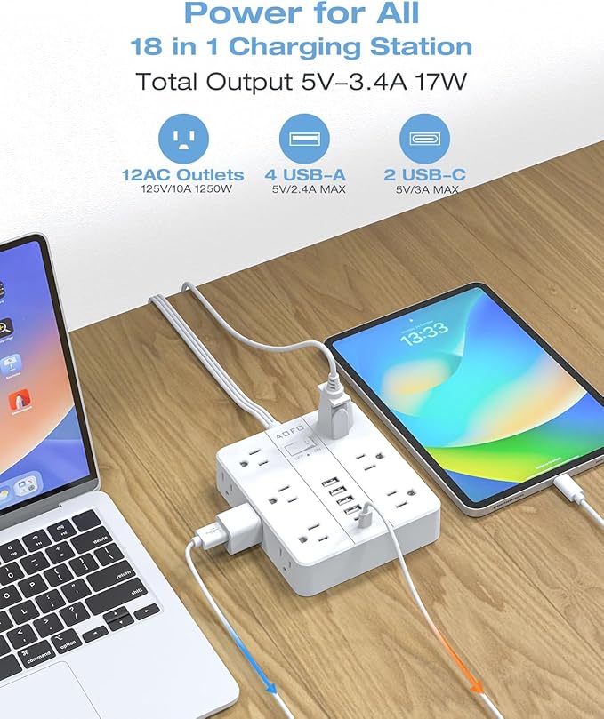 15FT Surge Protector Power Strip,12 AC Outlets with 6 USB Ports (2 USB-C), Flat Plug Extension Cord with Multiple Outlets, Wall Mount for Home Office,Dorm, White-DeskLoop Office