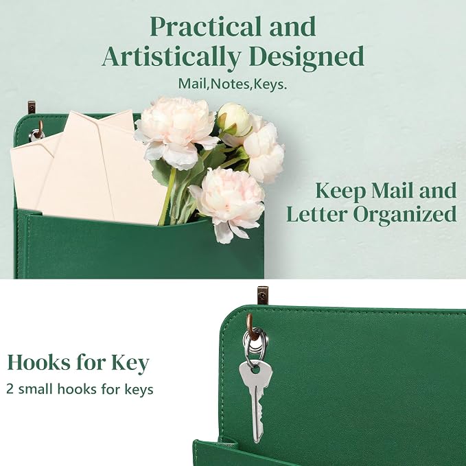 Wall Mount Green Faux Leather PU Leather Mail Holder Letter Holder Stylish Wall - Image 6