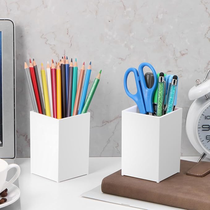 10Pack White Acrylic Pen Holder, Desktop Pencil Organizer Makeup Brush Holder - Image 4